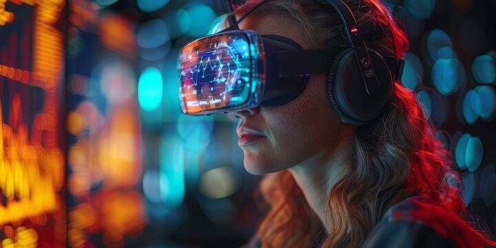  Person using virtual reality headset with data visualization in a high-tech environment