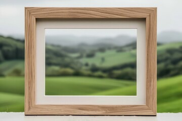 An empty advertise blank frame on a sustainable style background featuring a picturesque countryside, banner, with copy space