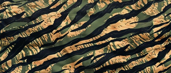 Panoramic close-up, high detail scan of tiger stripe camo pattern texture, Generative AI