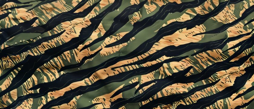 Panoramic close-up, high detail scan of tiger stripe camo pattern texture, Generative AI