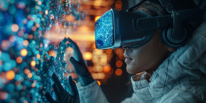 Scientist using a virtual reality headset to interact with complex data visualizations in a dynamic and immersive environment