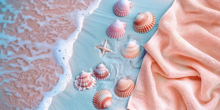 Colorful seashells on a pink sandy beach.