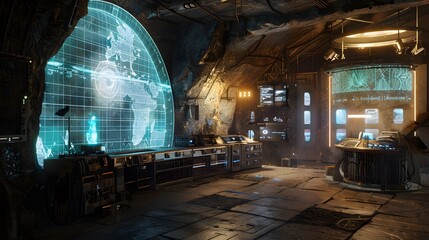 Futuristic Underground Control Room with World Map Display