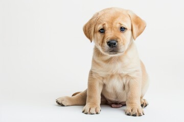 Obraz premium Fluffy baby yellow labrador puppy sitting on white background. Soft fur, round head, adorable face and tiny paws.