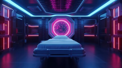 HIVAIDS Concept A futuristic infectious disease clinic with advanced antiviral treatments and holographic patient education