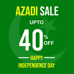Azadi sale upto 40% off discount banner design with Pakistani flag in background. Happy Independence Day fourteen of August Pakistan national holiday vector illustration.