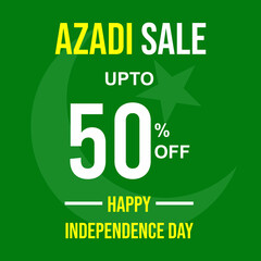 Azadi sale upto 50% off discount banner design with Pakistani flag in background. Happy Independence Day fourteen of August Pakistan national holiday vector illustration.
