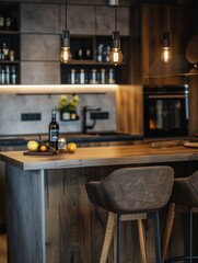 Minimalist design with wood accents, hanging lights, and neatly arranged appliances.
