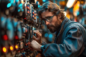 A man in a blue jacket is working on a machine with many lights