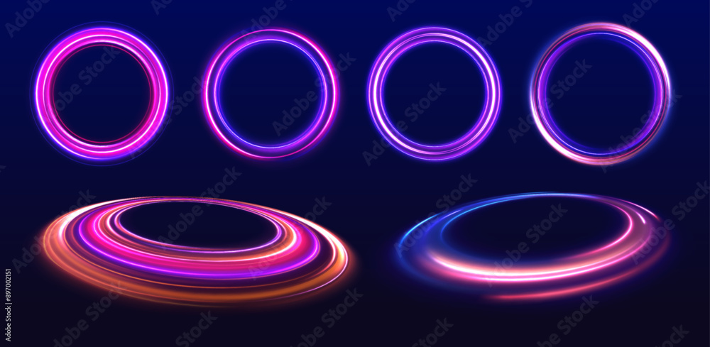 Poster neon light circle of speed in the form of a round whirlpool. curve blue line light effect. brilliant