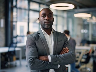 Fototapeta premium Young man in suit leaning on desk with hands on hips. He looks professional and confident.