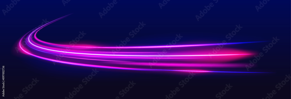Aufkleber light trails on road at night. luminous bright background. 3d render, abstract futuristic neon backg