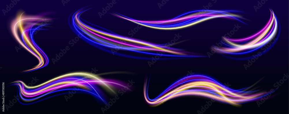 Aufkleber light and stripes moving fast over dark background. neon swirls in a big set. laser beams luminous a