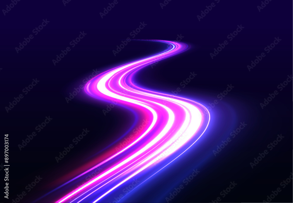 Poster sports light lines with neon effect in hay red and pink. energy flow tunnel. blue portal, platform. 