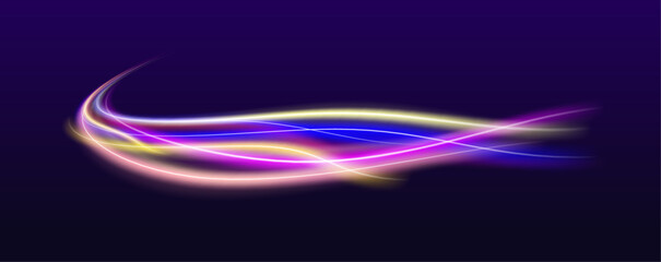 Vector speed of light in space on a dark background in neon colors. Abstract vector fire circles, sparkling swirls and energy light spiral frames. 