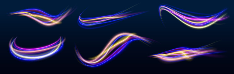 Vector speed of light in space on a dark background in neon colors. Abstract vector fire circles, sparkling swirls and energy light spiral frames. 