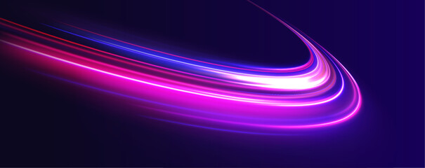 Dynamic composition of bright lines forming lights track of speed movement, futuristic dark background with neon glow, graphic design element. 