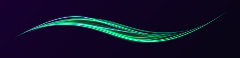 Lights and stripes of green color move quickly against a dark background. Magic of moving fast lines. Laser beams, horizontal light rays. Particle motion effect.	
