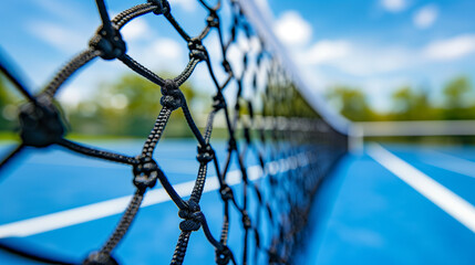 Detail of a Blue Tennis court with black net on Outdoor