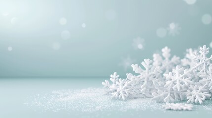 A snowy scene with a blue background and a pile of white snowflakes
