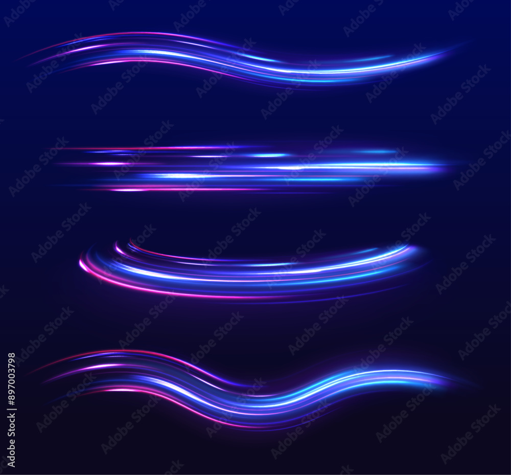 Poster Light and stripes moving fast over dark background. Neon swirls in a big set. Laser beams luminous abstract sparkling isolated on a transparent background.