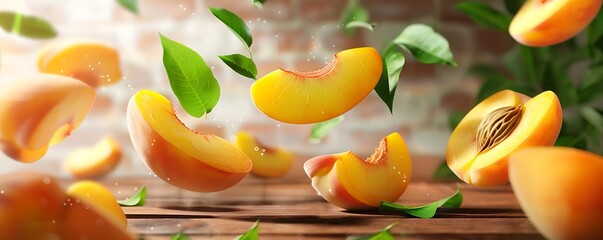 Floating peach slices with green leaves in the air against a transparent backdrop. The scene captures the vibrant, summery feel of the fruit with crisp, high-definition detail.