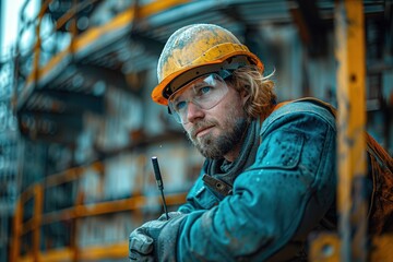 A man in a yellow helmet and safety glasses is leaning against a yellow railing