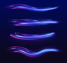 Light and stripes moving fast over dark background. Neon swirls in a big set. Laser beams luminous abstract sparkling isolated on a transparent background.
