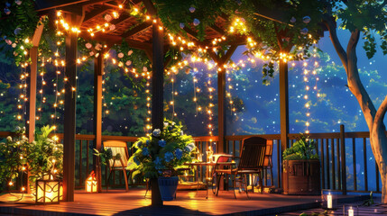 Obraz premium Cozy outdoor gazebo illuminated with festive string lights, surrounded by lush greenery and plants at night