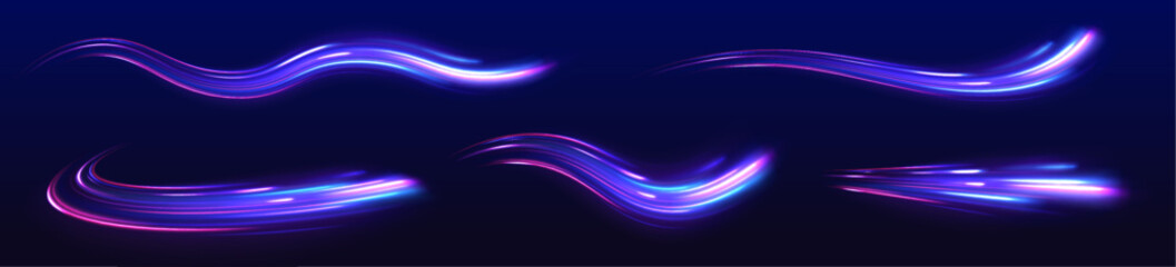 Set of neon speed lines on transparent background. Long exposure of motorways as speed. Neon spiral lines in yellow blue and purple colors. 