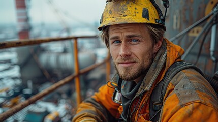 A man in a yellow helmet and orange jacket is sitting on a railing