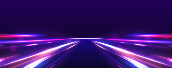 Sport car is made of polygons, lines and connected dots. Light trail wave, fire path trace line, car lights, optic fiber and incandescence curve twirl. High speed road in night time abstraction.	