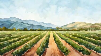 Naklejka premium Sustainable irrigation, drylands, flourishing farm, watercolor style
