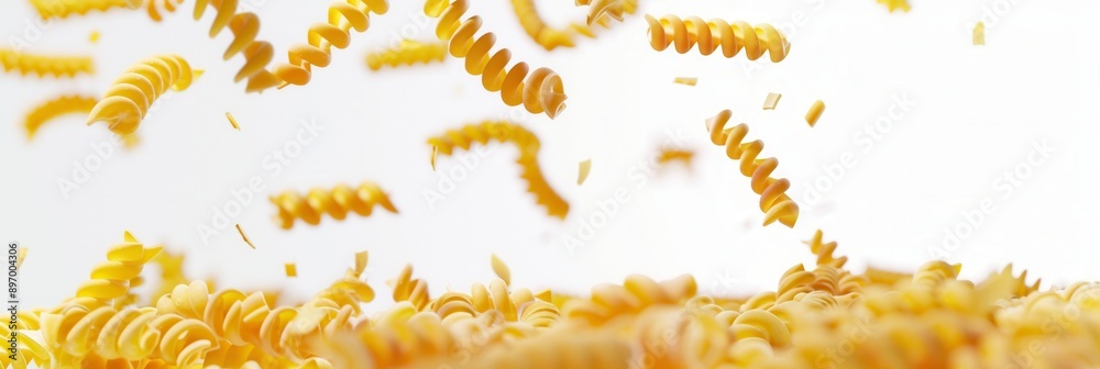 Poster raw italian pasta falls gracefully on a white background, creating a beautiful and appetizing visual