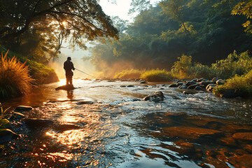 A fisherman at sunset uses a spinning rod to catch fish in a stormy river or lake.