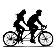 Fototapeta premium Man and woman riding together on tandem bicycle. Vector silhouette, black on white background in flat minimalism style