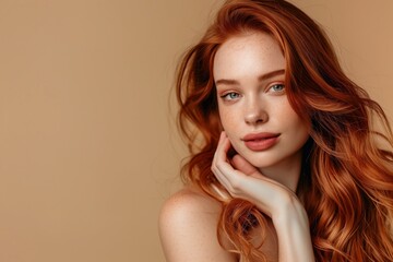 Naklejka premium In the portrait, a stunning redhead woman is depicted with long hair and subtle makeup, radiating charm and confidence. Her elegance and grace are beautifully captured in the image