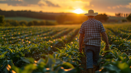 Fototapeta premium farmer walking through a green field at sunset wearing a plaid shirt and hat