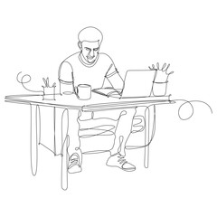 University student studying at desk with computer, cup of coffee. Continuous line vector illustration on white background.