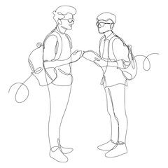 Two college students with glasses, facing each other, with backpacks behind them, talking outside the classroom. Continuous line vector illustration on white background. Education concept.