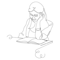 University student concentrated on reading a book leaning against her desk. Continuous line vector illustration on white background. School education concept
