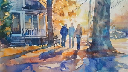 A watercolor painting of two people walking in a park during autumn, surrounded by colorful trees and fallen leaves.