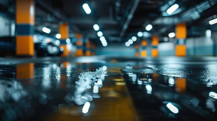 Obraz premium Close-Up of Reflective Garage Floor with Smooth Blurred Background and Sharp Foreground in Dark Atmosphere