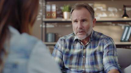 Fototapeta premium Professional Consultation: Mature Man Engaged in Discussion with Client in Office Setting