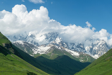 Fototapeta premium Ushguli village at sunset in Svaneti, Georgia. Ushguli village at the foot of Mt. Shkhara,Upper Svaneti, Georgia. Magnificent Georgian mountains. 