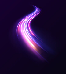 Modern abstract high-speed light motion effect on black background. Neon stripes in the form of drill, turns and swirl. Illustration of high speed concept. Image of speed motion on the road. 