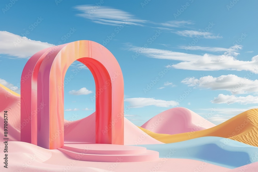 Poster This image features an abstract pink arch set against a colorful desert backdrop with a clear blue sky. The use of vibrant colors creates a sense of playfulness and creativity.