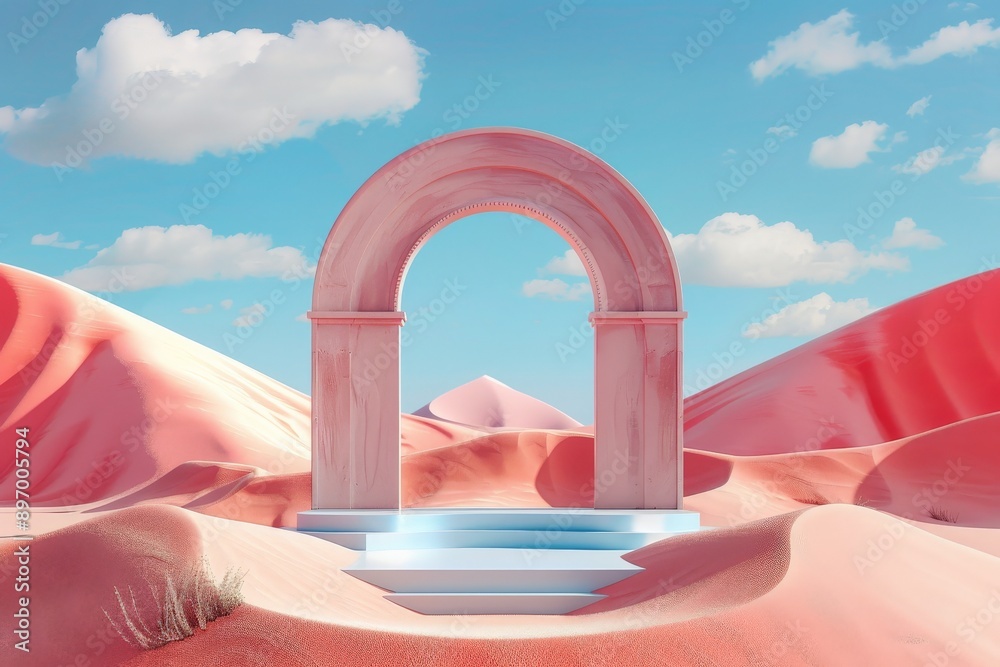 Poster A surreal image featuring a pink archway in a desert landscape with soft dunes and clouds. The composition blends natural and architectural elements in a dreamlike setting.