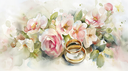 Watercolor floral wreath with golden wedding rings. A delicate, romantic design featuring intertwined rings and blooming flowers, perfect for wedding invitations and celebration themes.