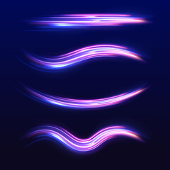Neon line as speed or arc, turn, twist, bend in light effect. Light arc in neon colors, in the form of a turn and a zigzag. Abstract background in blue, yellow and orange neon colors.	
